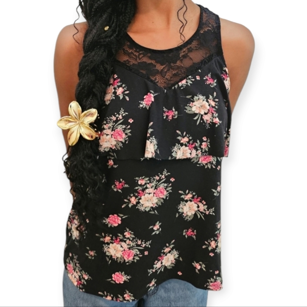 No comment pretty black stretchy Floral Blouse